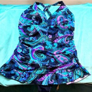 NWT Ocean Dream Swim Dress Bathing Suit Black Purple Teal Paisley X-Back